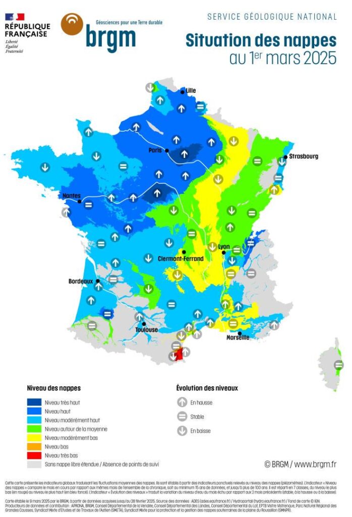 Situation der Grundwassertische auf dem Frankreich am 1. März 2025 auf dem Frankreich