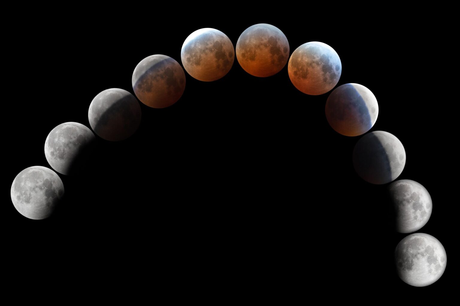 Ich habe mehrere Aufnahmen der Mondfinsternis gemacht, um dieses Komposit zu erstellen, das alle ihre Phasen zeigt.
