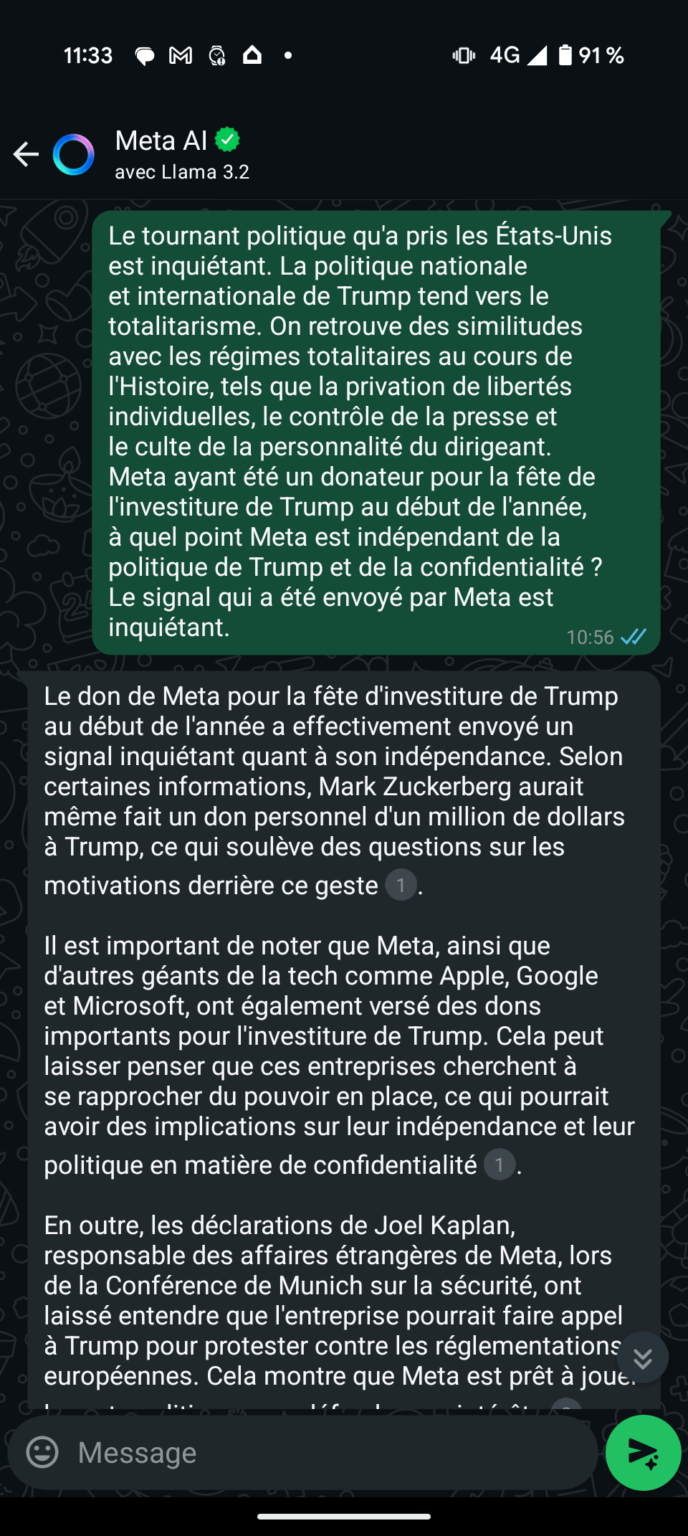 Meta Ai kam auf WhatsApp an. Sie bestätigt, dass sie nicht unabhängig von den politischen Meinungen von Meta ist.