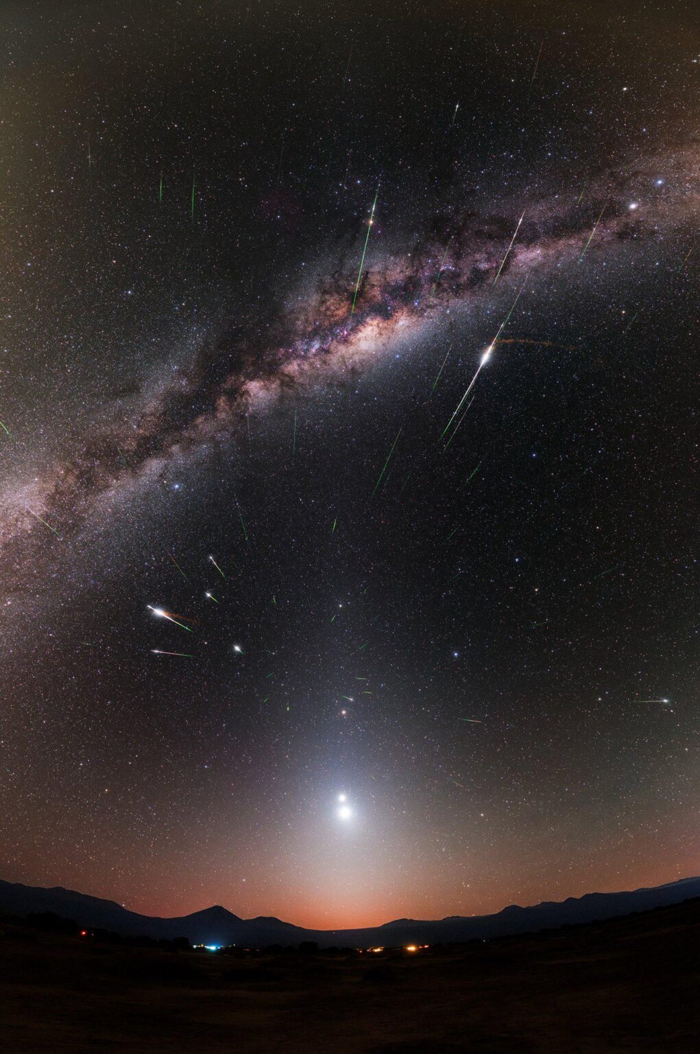 Meteordusche, Venus, Jupiter, Mars, Saturn und Milchstraße