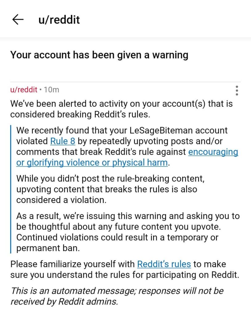 Reddit -Warnung Wenn Sie "gewalttätige" Inhalte aufstimmen.