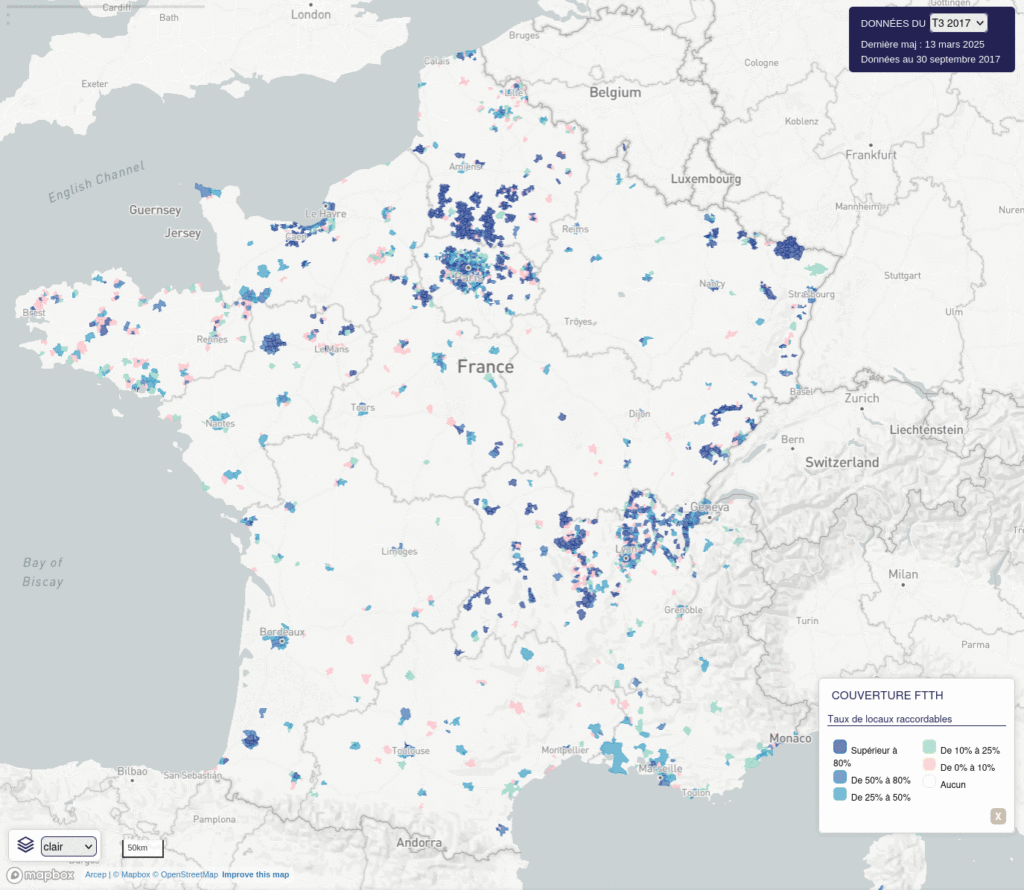 Faserabdeckung in Frankreich zwischen 2017 und 2024 (Quelle: ARCEP)