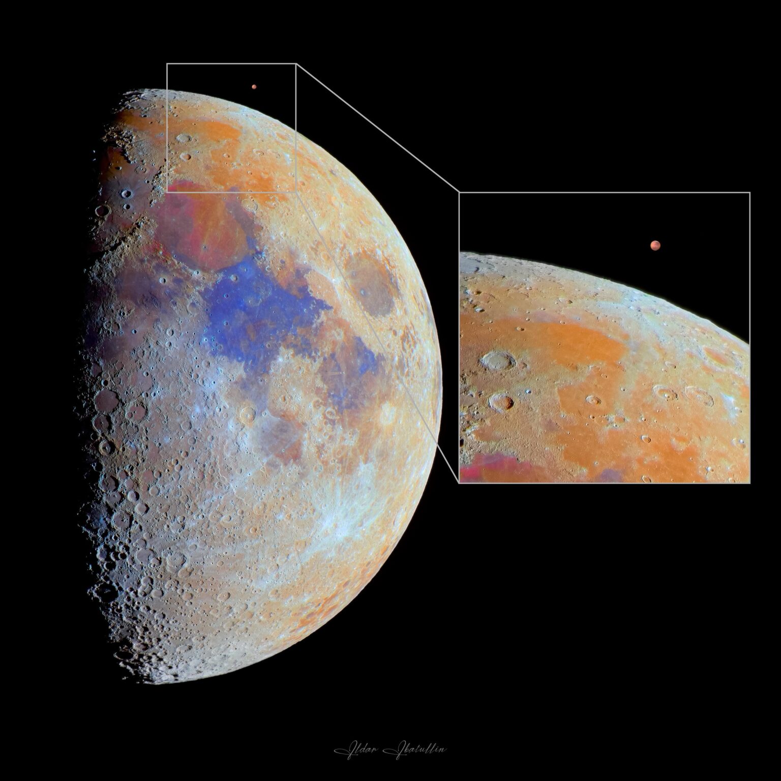 Vergleiche von Winkelgrößen am Himmel von Mond und Mars wurden dieses Jahr fotografiert.