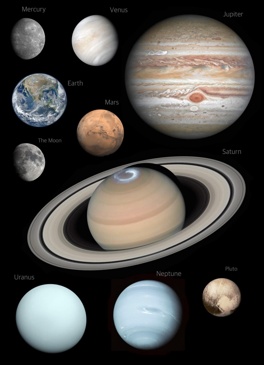 Montage der Planeten des Sonnensystems (+ des Mondes, Pluto) mit Fotos, die näher an dem menschlichen Auge aussehen würden (Größe nicht)