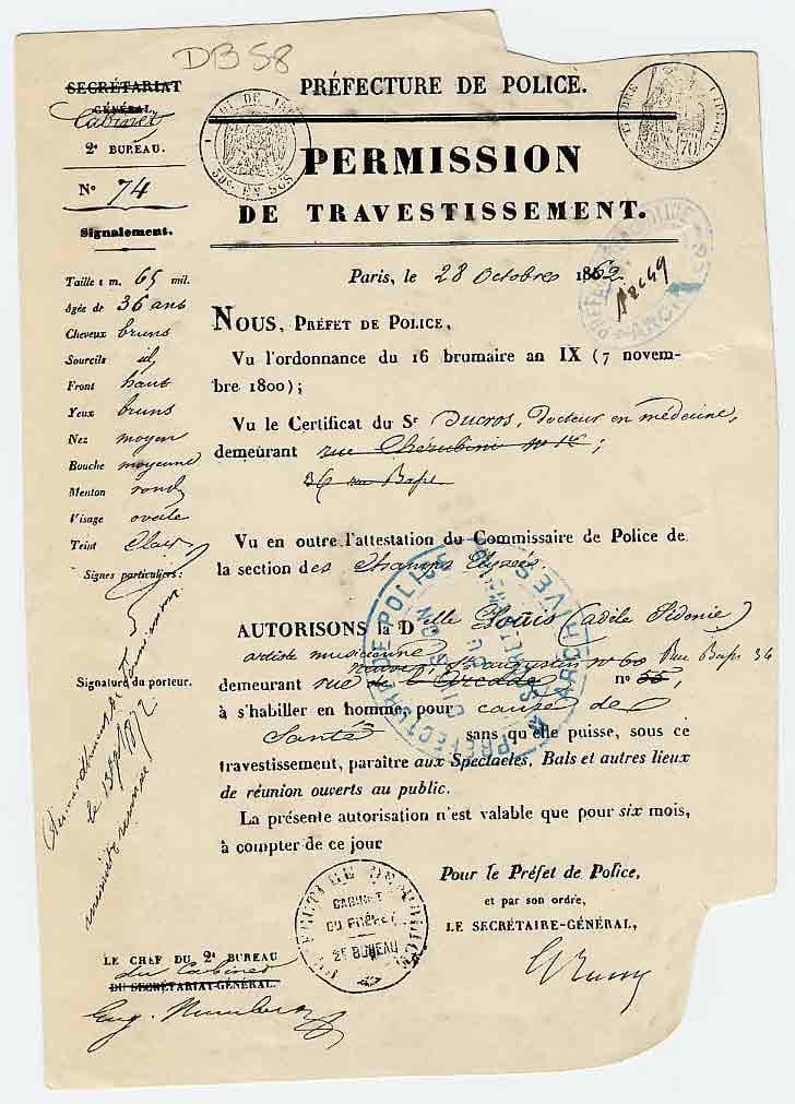 Ein "Erlaubnis zur Überkreuzung" von der Polizei von Paris 1862, die es einer biologischen Frau ermöglichte, sich als Mann zu kleiden.
