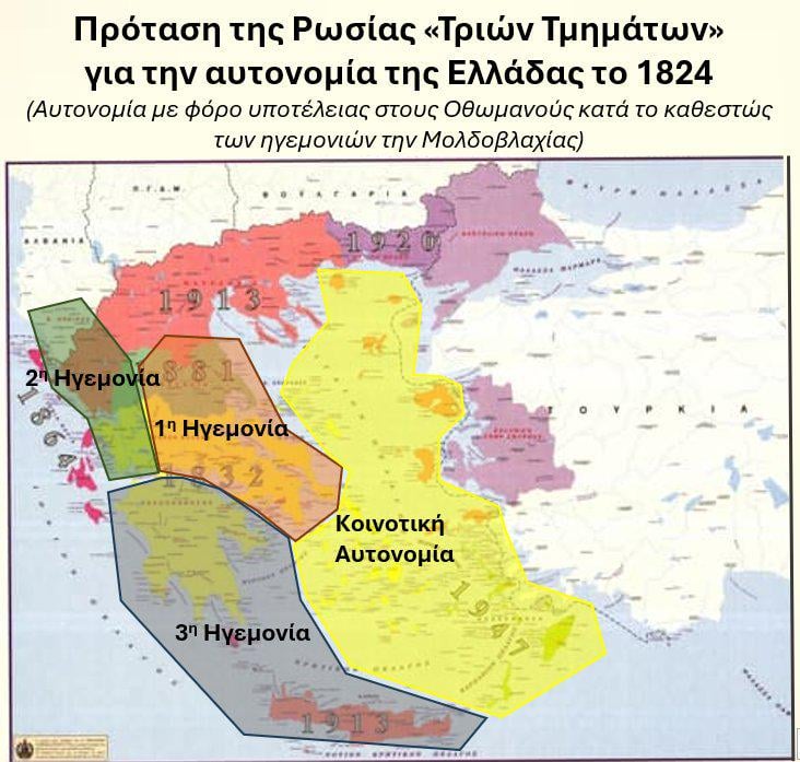 Der Plan der 3 griechischen Hegemonien, die 1824 vom russischen Zaren Alexander I. (1801-1825) für die Lösung der griechischen Ausgabe vorgeschlagen wurden. Der Plan wurde sowohl von den Griechen als auch vom Hochtor und den westeuropäischen Streitkräften abgelehnt.