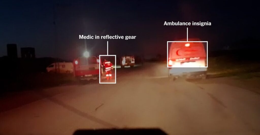Video zeigt Hilfsarbeiter, die im Gaza unter Schussfeuer getötet wurden, mit Krankenwagenlichten an
