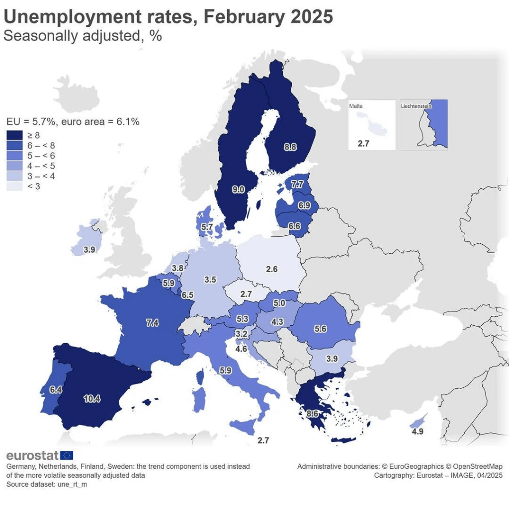 Arbeitslosenquote in der EU - Februar 2025