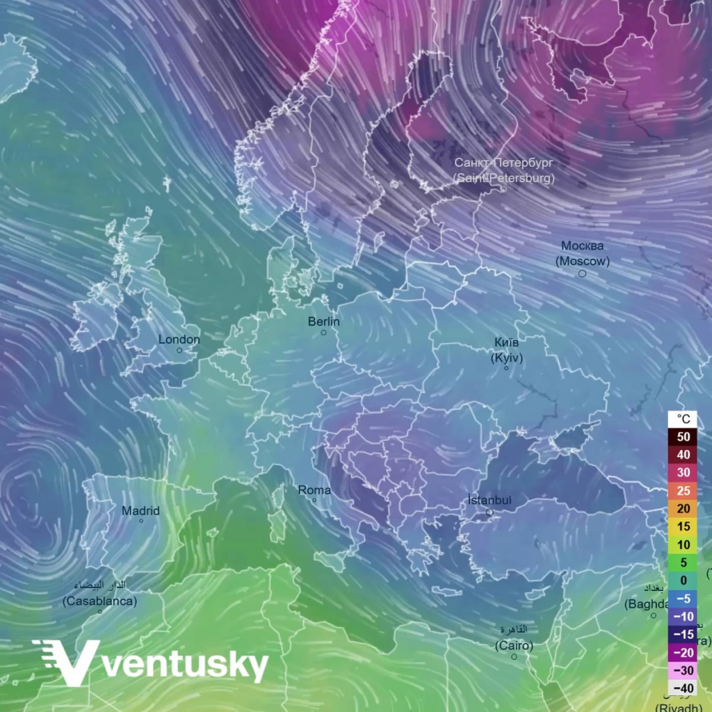 Ende dieser Woche wird sich die arktische Lufttasche vom Nordpol abbrechen und über Mitteleuropa stecken (Ventusky.com, eine Temperaturmasse von 3 Kilometer).