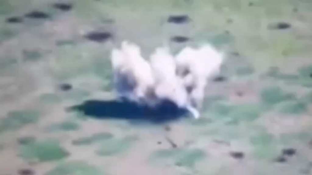 Drohnenaufnahmen von zwei russischen Soldaten auf Motorrädern, die über eine Mine fahren, während sie ein Feld durchqueren, um eine ukrainische Position anzugreifen.
