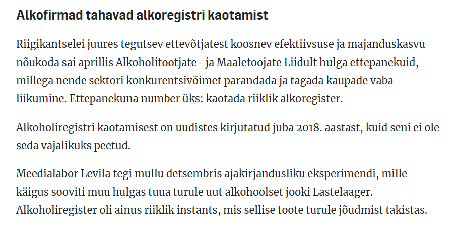 Alkoholunternehmen wollen Alco -Register - eesti ekspress verlieren
