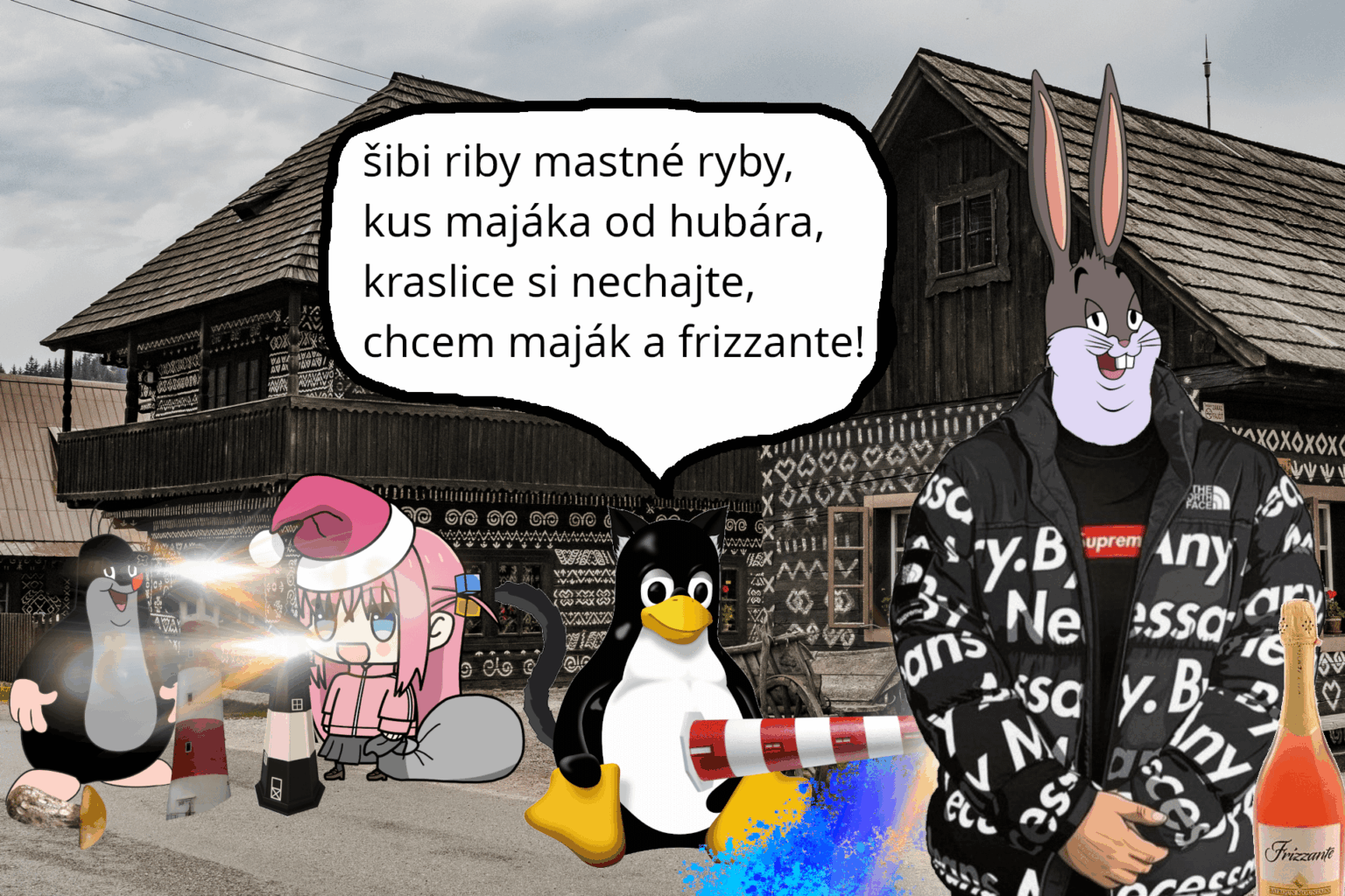 Tux Sibe Large Bull -Bull -Sung, Mojaks, Mole und Bocchi aus Pilzen bilden gestrichene Mayaks ... Wir sind bereit für die traditionelle Slowakei große Nacht !!!