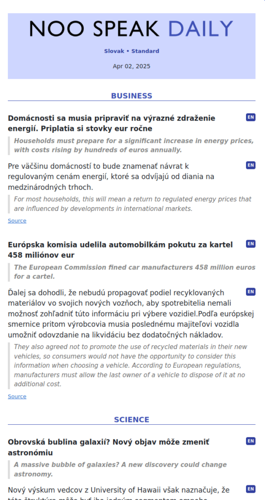 Ich baue einen kostenlosen Newsletter, in dem Sie Slowak durch Daily News (nospeak.com) lernen können