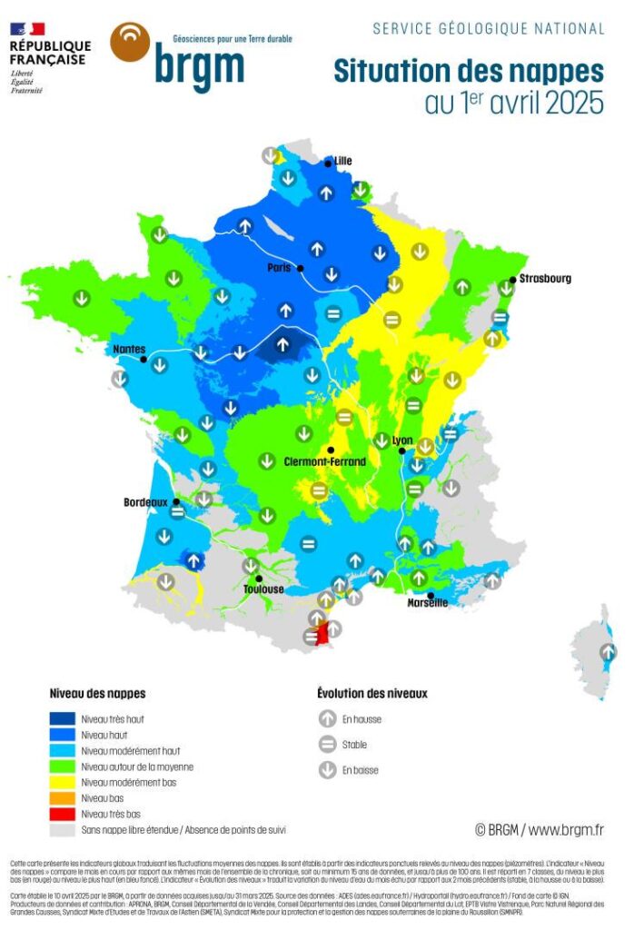 Situation der Grundwassertische auf dem Frankreich am 1. April 2025 auf dem Festland Frankreich