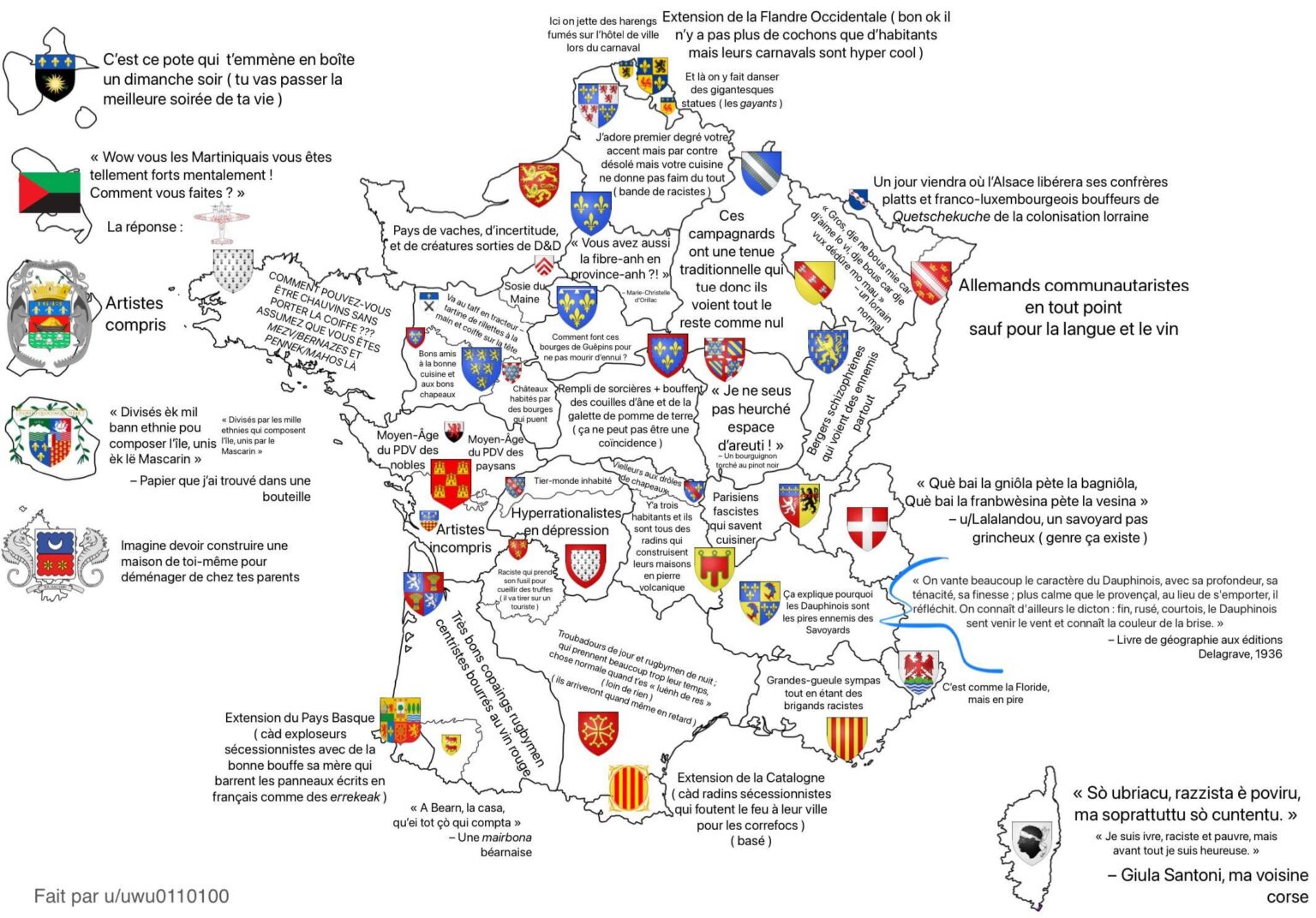Karte von Vorurteilen und Stereotypen, die ich in den Bewohnern jeder französischen Region habe