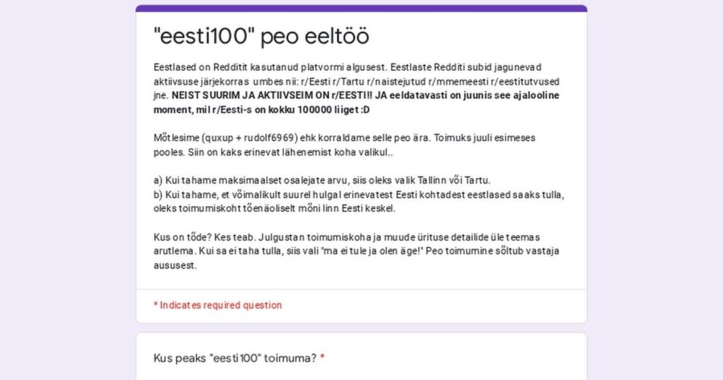 R/Estland wird bald 100.000 Esten zusammen haben. Es ist eine große und stolze Sache. Wir machen die Grundlagen für die Organisation einer möglichen Partei. Bitte beantworten Sie die Umfrage. Es gibt eine Frage und kehre dann zum Thema zurück, um die Aufregung fortzusetzen!