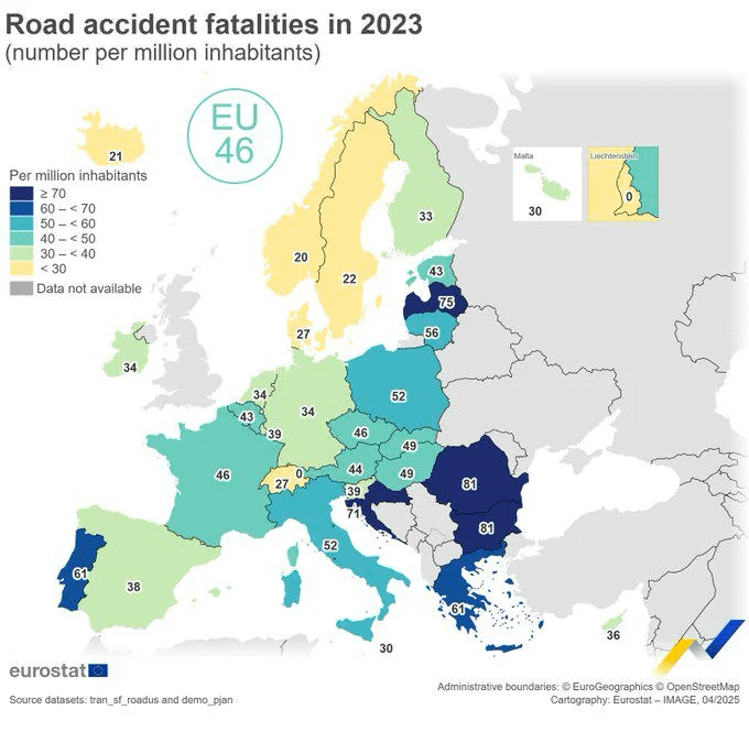 Griechenland in den fünf Ländern mit dem tödlichsten Verkehr für 2023. Die Karte wurde heute von Eurostat veröffentlicht.