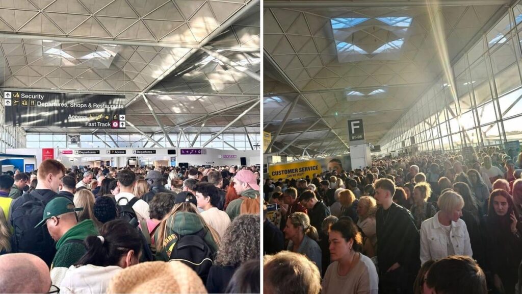 Der Flughafen Stansted, der von weit verbreitetem Stromausfall getroffen wurde, wenn er Sturz verursacht