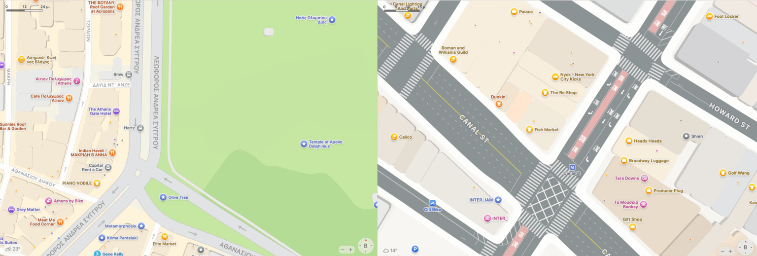 Vergleich der GPS -Karten von New York und Athen bei Apple Maps. In New York erscheinen sogar teilende Streifen.