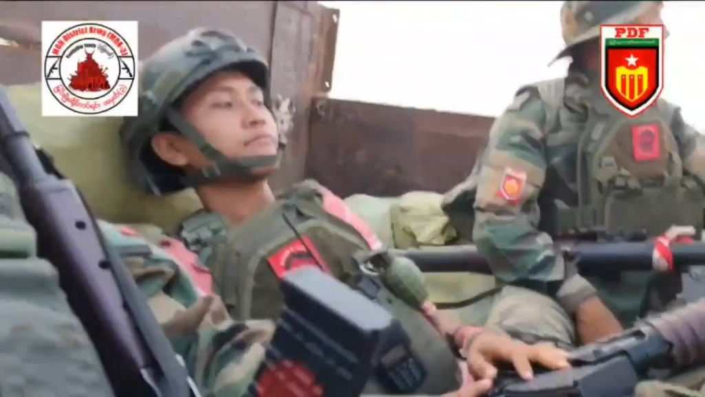 MDA-3-Angriff Junta und Pyusawhti-Positionen in Htanaungkone, Gemeinde Taungha, Bezirk Myingyan, Mandalay, Myanmar (Burma; 15. bis 16. Mai)
