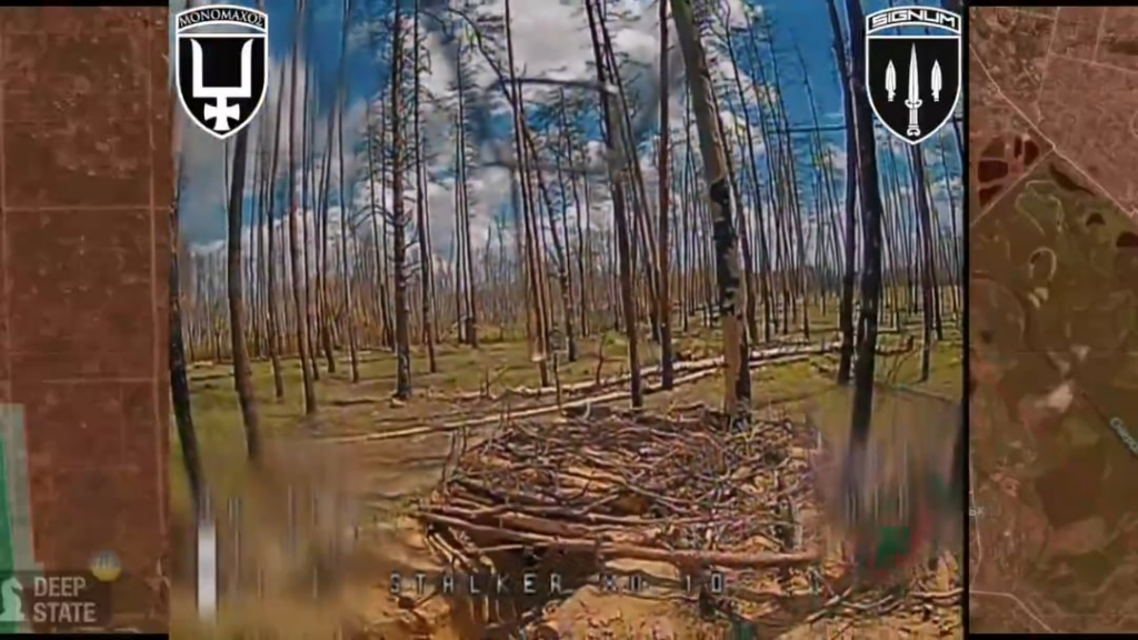 Die ukrainische Glasfaserdrohne flog durch eine Lücke in einen anderen russischen Bunker im Herebryansky -Wald (Region Luhansk). Bataillon signieren, Mai 2025 [Published 23.05.2025]