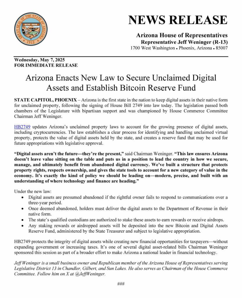 Arizona leitet ein neues Gesetz zur Einrichtung eines strategischen Bitcoin (BTC) -Sreservats ein
