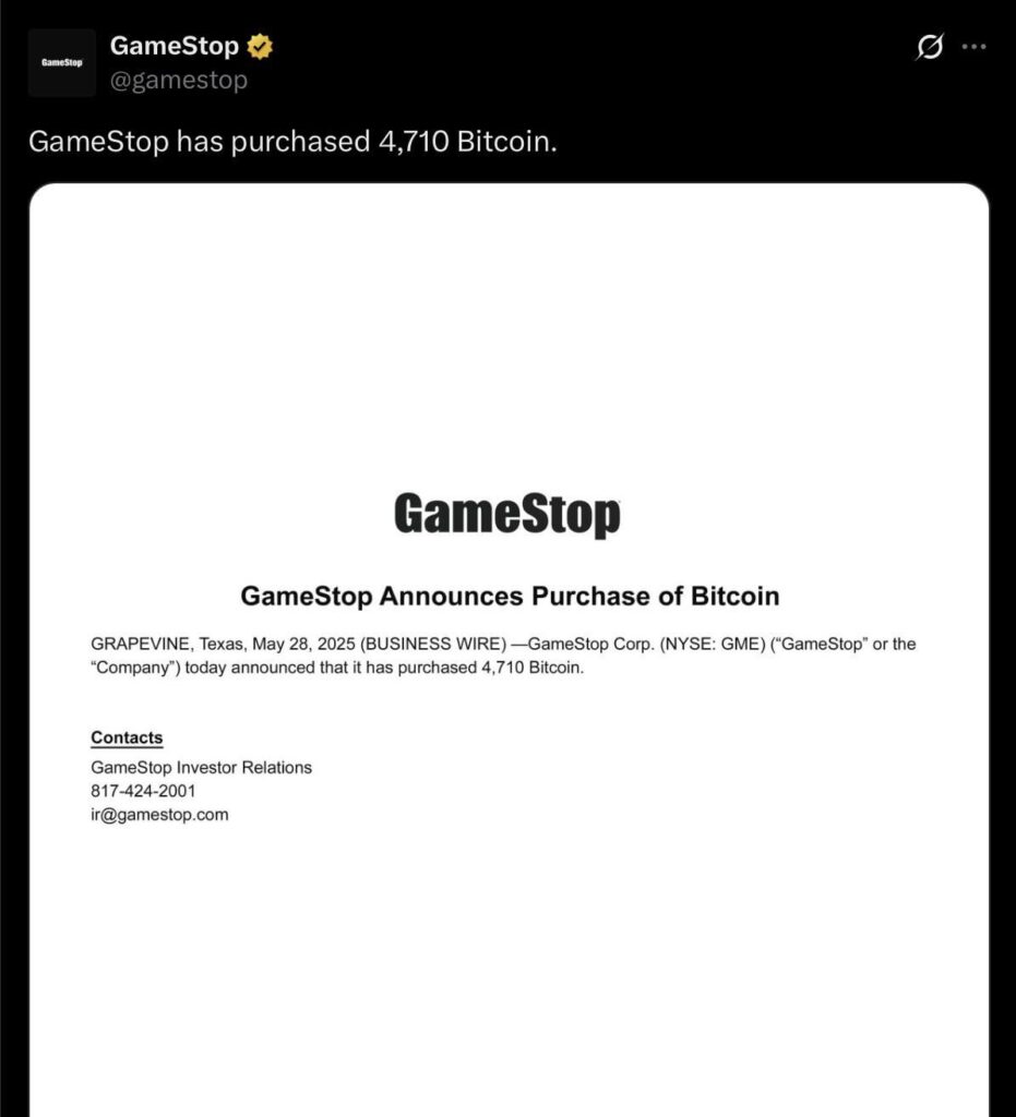Game Stop kündigt den Kauf von Bitcoin an. 4,710 Bitcoin in der Bilanz hinzugefügt.