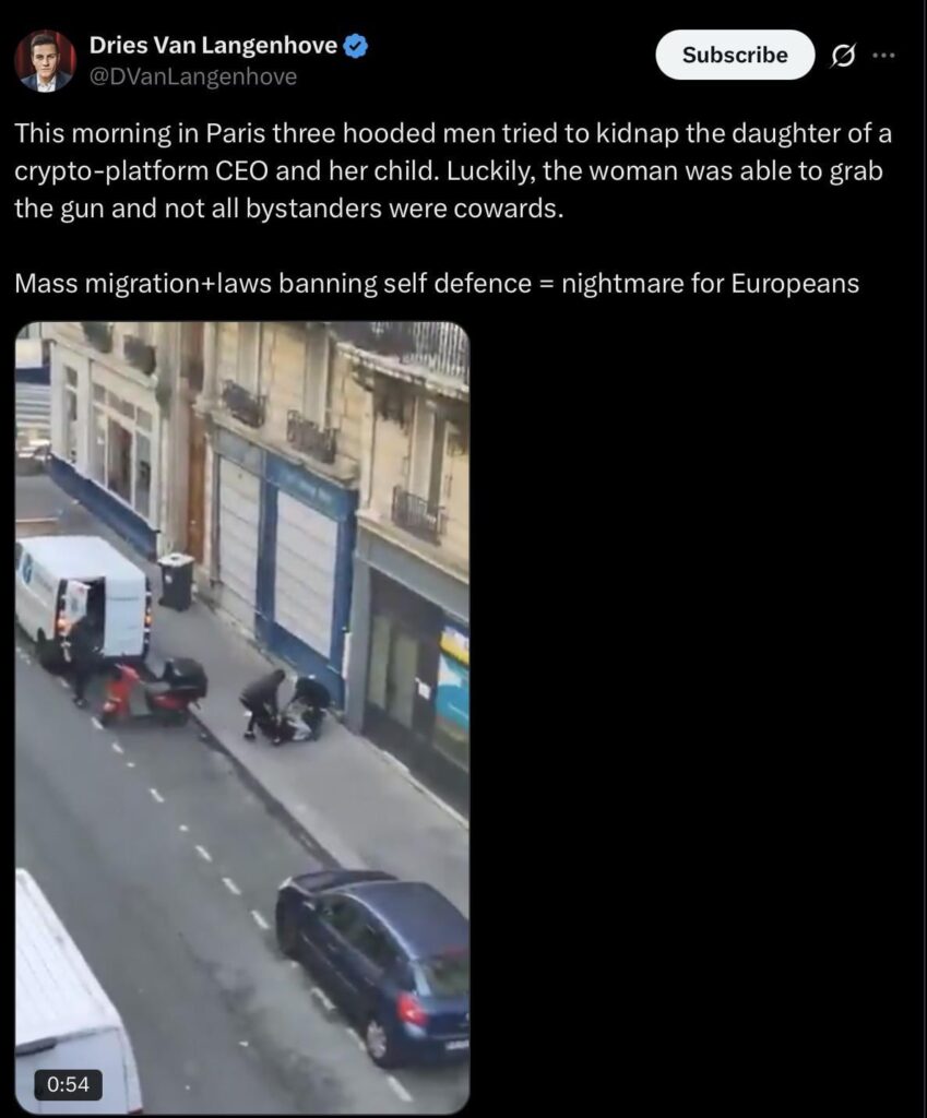 Heute Morgen, als bewaffnete Entführer angreifen und versuchen, Verwandte eines Kryptowährungsunternehmers im Zentrum von Paris am helllichten Tag zu entführen.