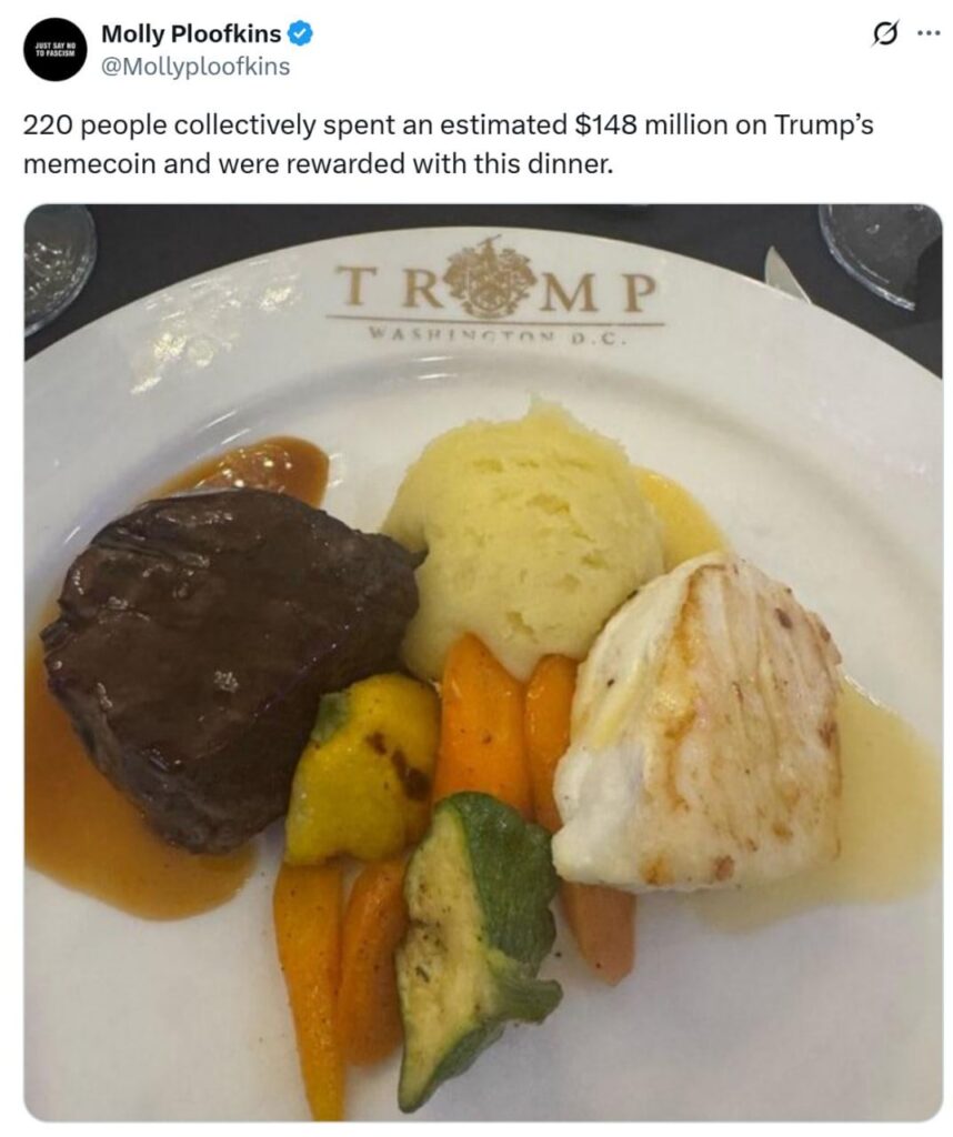 220 Menschen geben gemeinsam fast 148 Millionen US -Dollar für Trumps Memecoin aus und wurden mit diesem Abendessen belohnt