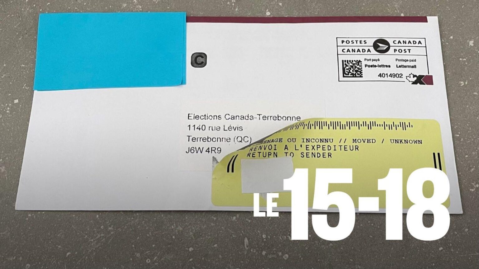 Die Untersuchung in Terrebonne Nach einem von den Wahlen gemachten Elections Canada -Rückgabetechnik an den Absender hat die unbekannte Anzahl von Wählern betroffen. Mindestens ein BQ -Wähler sagt, ihr Stimmzettel sei in die Post zurückgekommen. Die Untersuchung in Terrebonne Nach einem von den Wahlen gemachten Elections Canada -Rückgabetechnik an den Absender hat die unbekannte Anzahl von Wählern betroffen. Mindestens ein BQ -Wähler sagt, ihr Stimmzettel sei in die Post zurückgekommen.