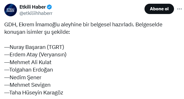 GDH, die sogenannte Jugendplattform, bereitete einen Anti -Krem -İmamoğlu -Dokumentarfilm vor. Es gibt viele bekannte Namen im Dokumentarfilm.
