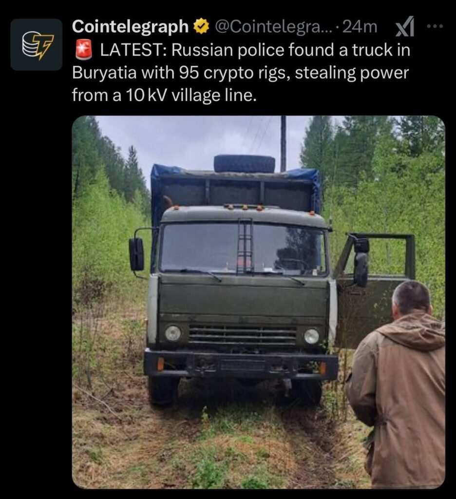 Die russische Polizei fand einen Lastwagen in Buryatia mit 95 Krypto -Rigs, die Macht einer 10 -kV -Dorflinie stehlen