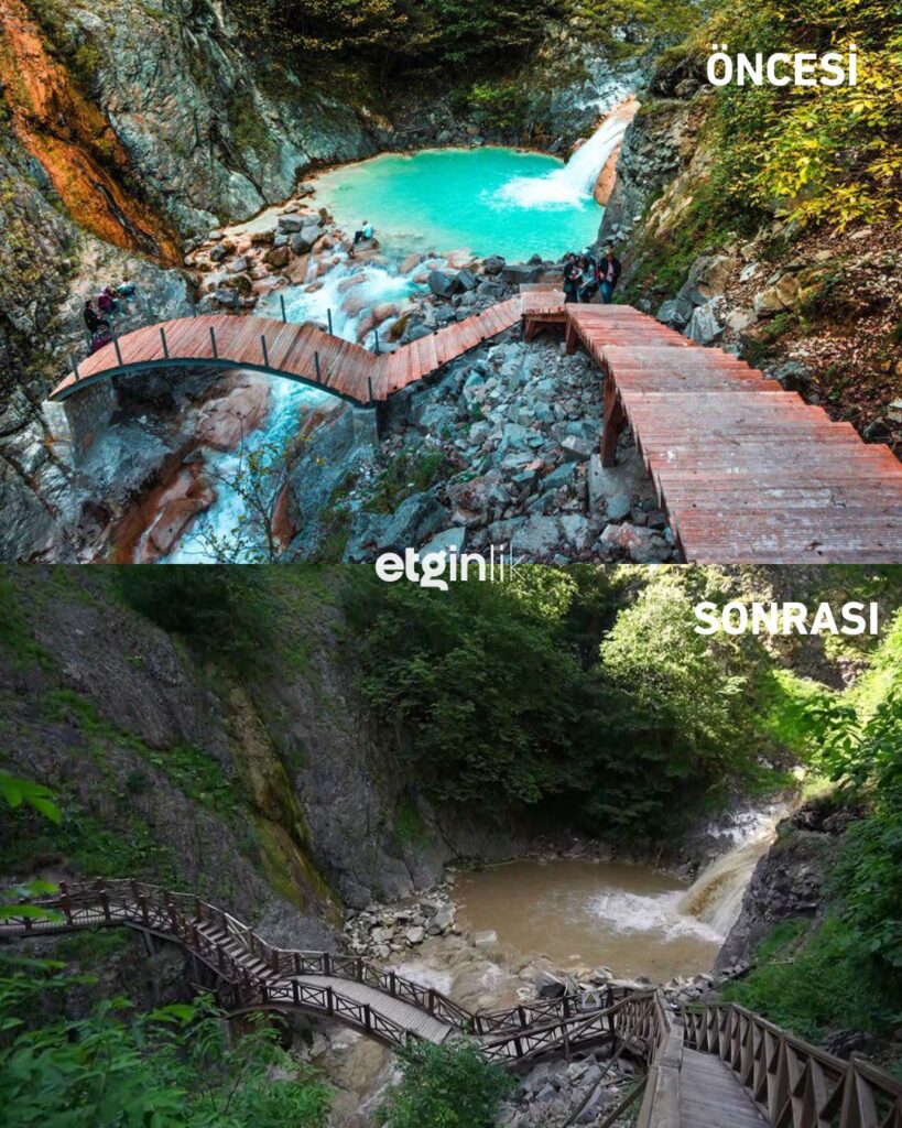Der Blue Lake in Soda in Giresun kehrte aufgrund ungeplanter Brutarbeiten zu Brown zurück. Vielleicht seit Hunderten von Jahren fiel der See, der mit seiner natürlichen Farbe fließt, leider mit der AKQ -Zeit zusammen und erhielt seinen Anteil.