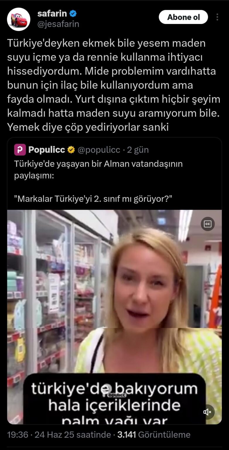 Obwohl ich noch nicht die Chance gefunden habe, ins Ausland zu gehen und detaillierte Erfahrungen zu sammeln, stimme ich diesen Artikeln in Türkiye zu. 90 %von dem, was ich esse, verbrennt meinen Magen und stört. Die Preise konkurrieren sogar mit Europa, den USA und den Fernostländern, aber das Rätsel ist ein anderer. Überwachen die Ministerien sie nicht? Obwohl ich noch nicht die Chance gefunden habe, ins Ausland zu gehen und detaillierte Erfahrungen zu sammeln, stimme ich diesen Artikeln in Türkiye zu. 90 %von dem, was ich esse, verbrennt meinen Magen und stört. Die Preise konkurrieren sogar mit Europa, den USA und den Fernostländern, aber das Rätsel ist ein anderer. Überwachen die Ministerien sie nicht?