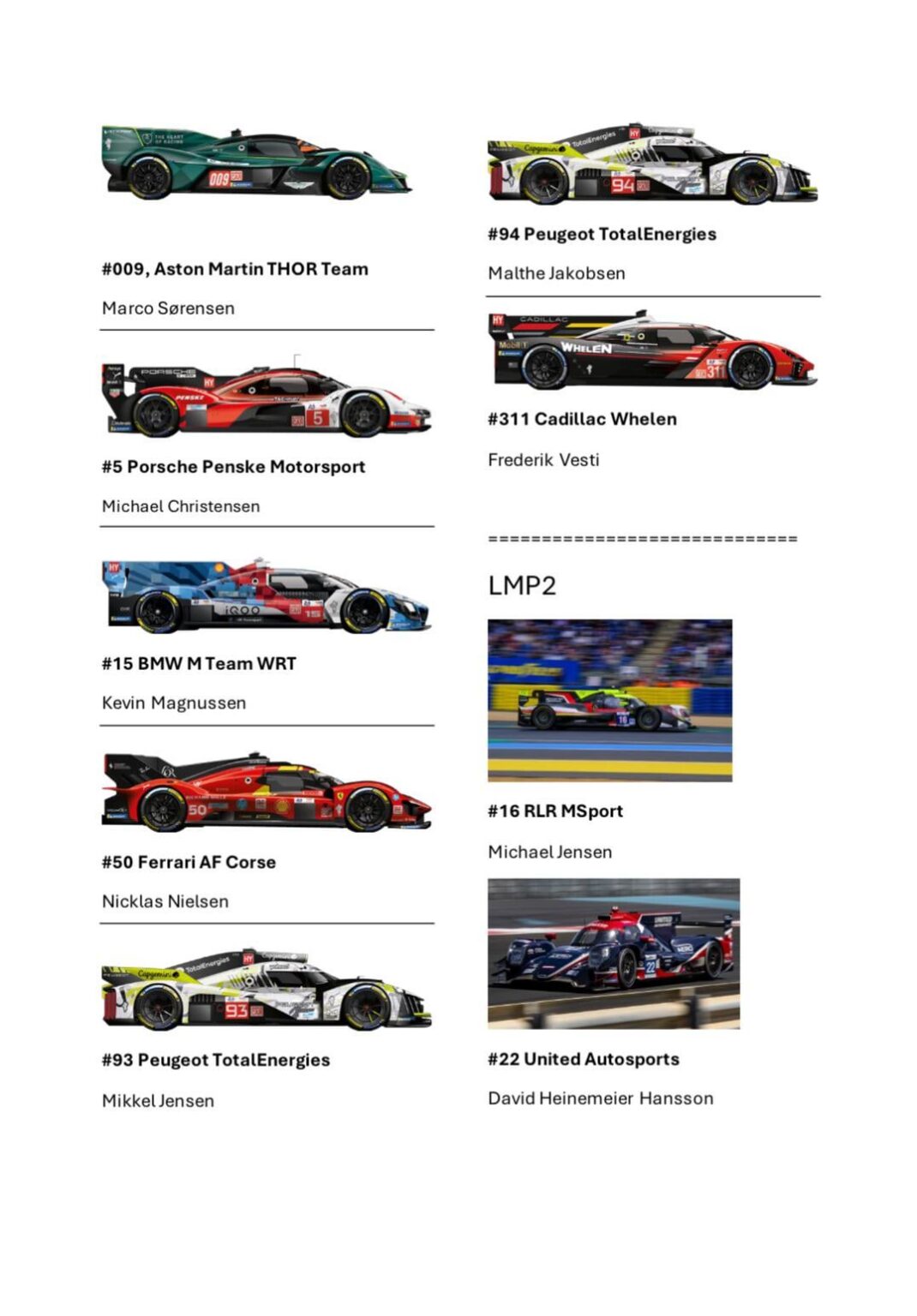 An alle dänischen Motorsport -Fans; Ein Überblick über dänische Fahrer für die 24 -Stunden -Le Mans dieses Wochenendes dieses Wochenendes
