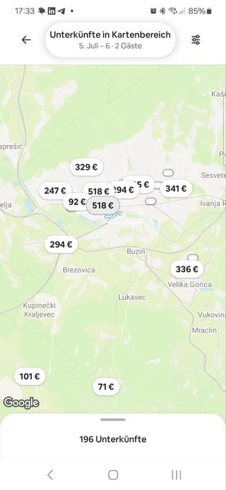 Airbnb Preise am Tag von Thompson und am Tag zuvor.