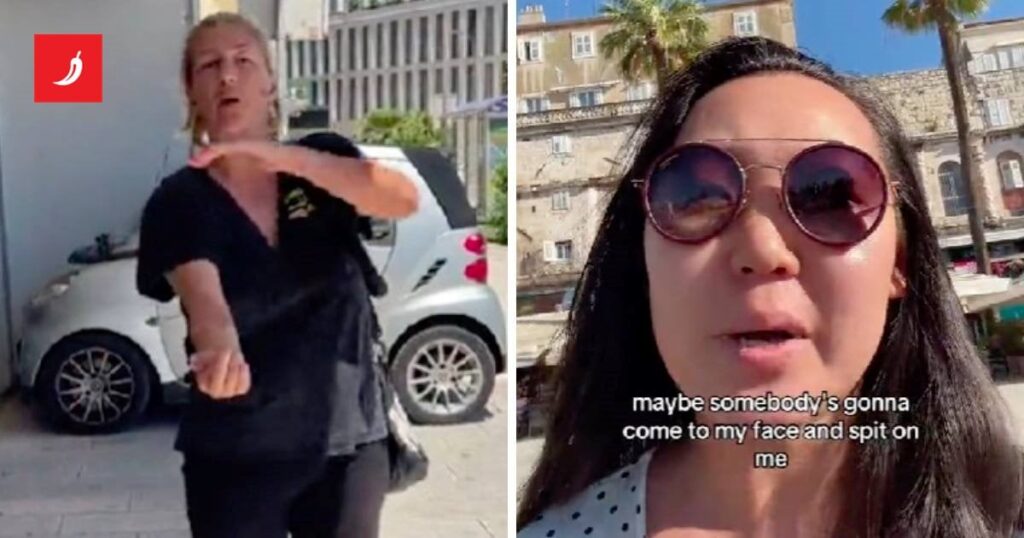 Eine verurteilte, geteilte Frau, die mit dem asiatischen „gelben Stück Sh*t“ sprach. Eine verurteilte, geteilte Frau, die mit dem asiatischen "gelben Stück Sh*t" sprach.