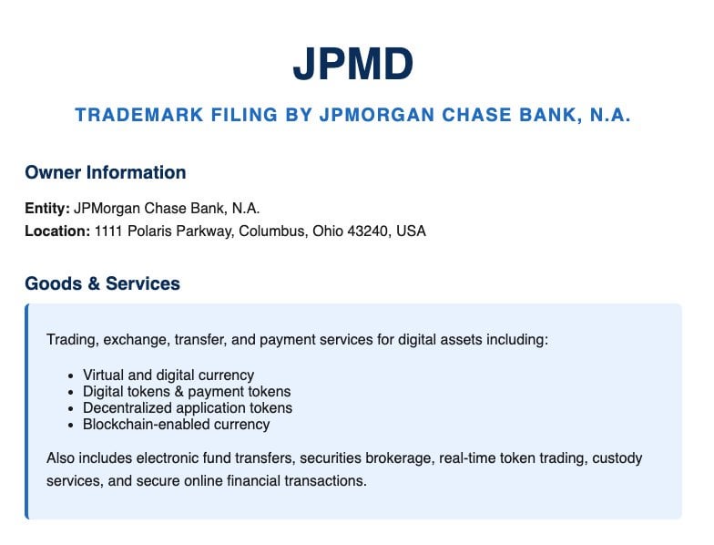Die größte Bank der Welt, JPMorgan, hat eine Marke für eine scheinbar Stablecoin namens "JPMD" eingereicht