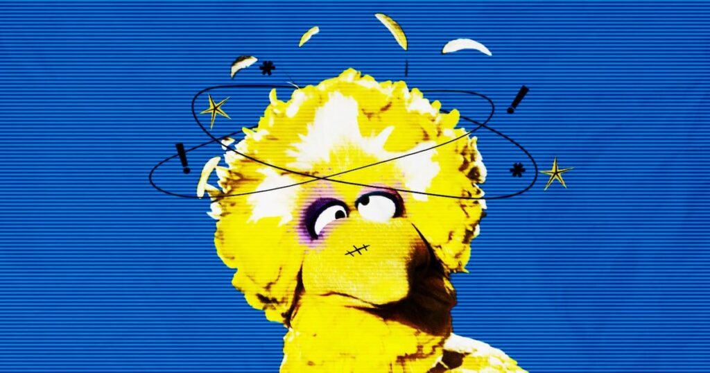 Big Bird geht runter, als das Haus zuerst geschnitten wird
