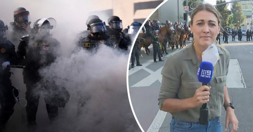 Der Reporter traf mit Gummi -Kugel, wo Los Angeles Proteste ausbrechen, vor der Kamera.