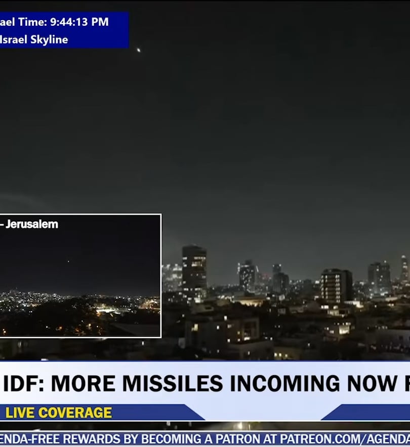 Die iranische (Hyperschall?) Rakete fährt direkt durch die letzte Verteidigungsrakete über Tel Aviv.