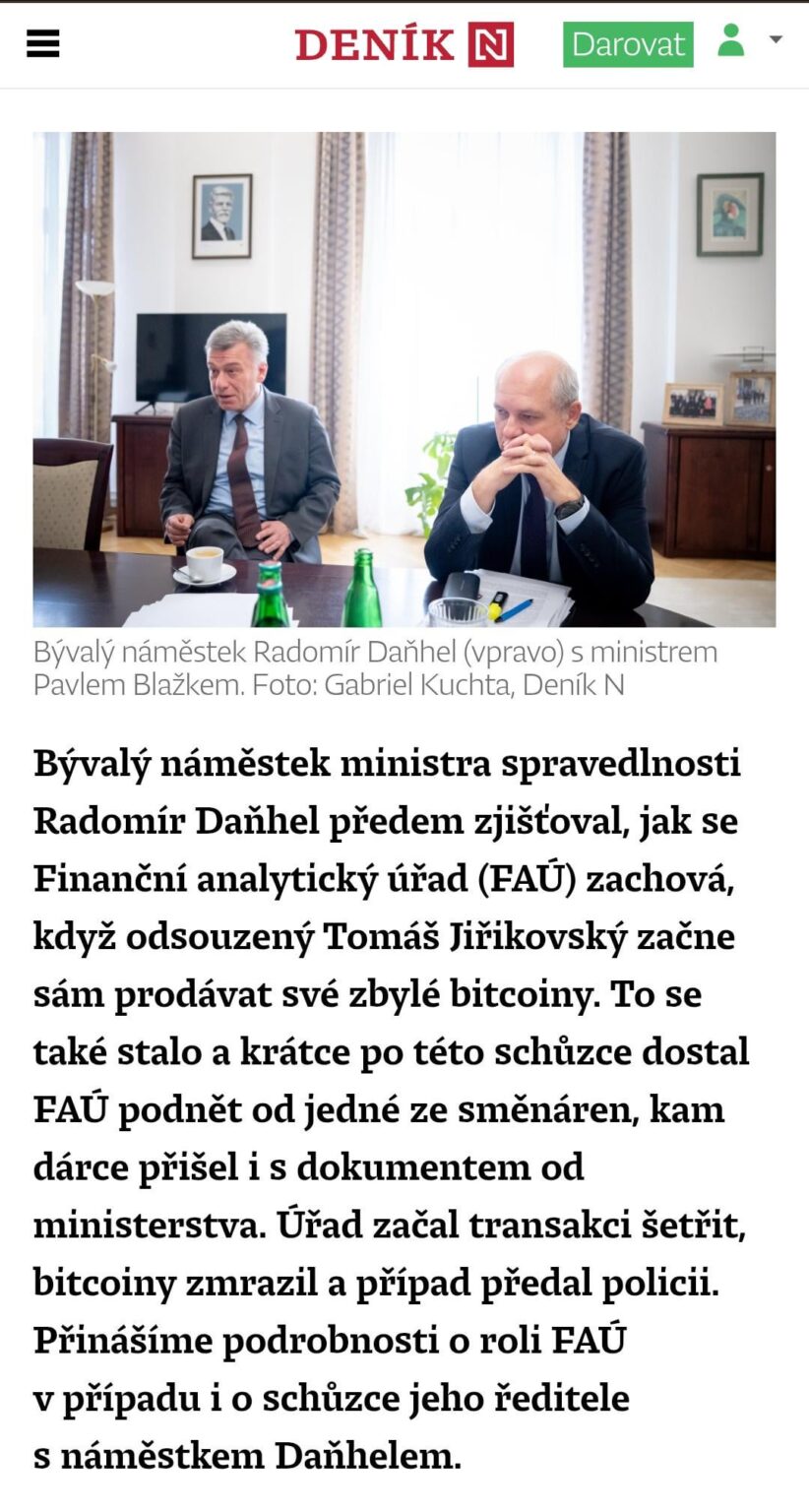 Die FAI beschlagnahmte über einhundert Millionen Jiříkovský. Blažeks Stellvertreter zuvor für Jiříkovský war es mit dem zu tun, was er mit seinen Bitcoins sein würde