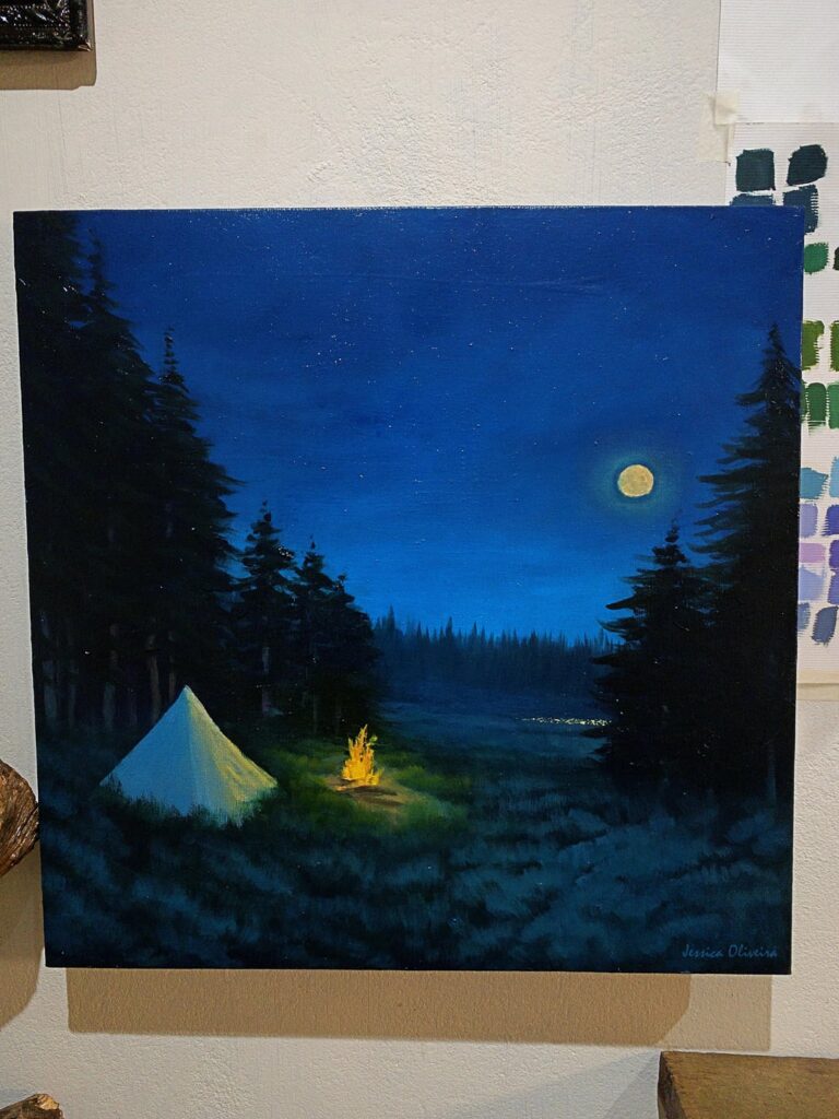 Vor ein paar Wochen konnte ich mit meiner Familie für eine Nacht mit Camping ausgehen und die Nacht war wunderschön. Ich erinnere mich, dass ein Mond kurz vor einem Nieselregen zum Auto rannte und wartete. Als ich nach Hause kam, hatte ich das Gefühl, ich wollte ein Ölgemälde davon machen :) :) :) :) :) :)