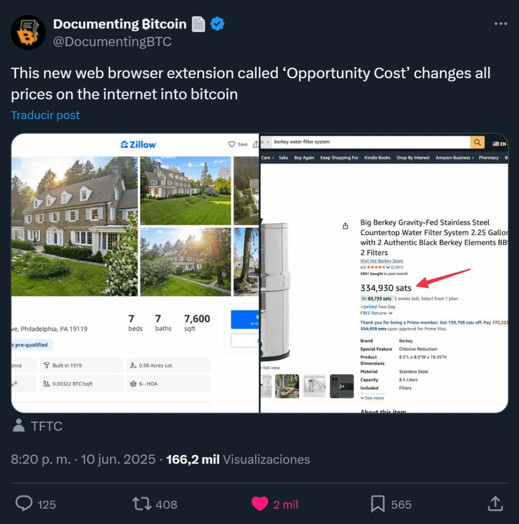 Diese neue Webbrowser -Erweiterung "Opportunity Cost" ändert alle Preise im Internet in Bitcoin (BTC).