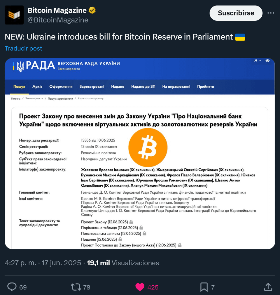 Die Ukraine führt eine Bill for Bitcoin (BTC) -Reeserve im Parlament ein