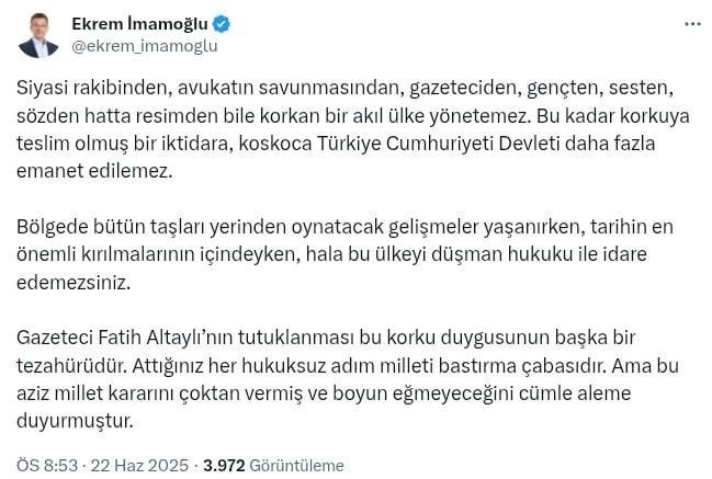 Ekrem İmamoğlus Posten bei der Verhaftung von Fatih Altaylı