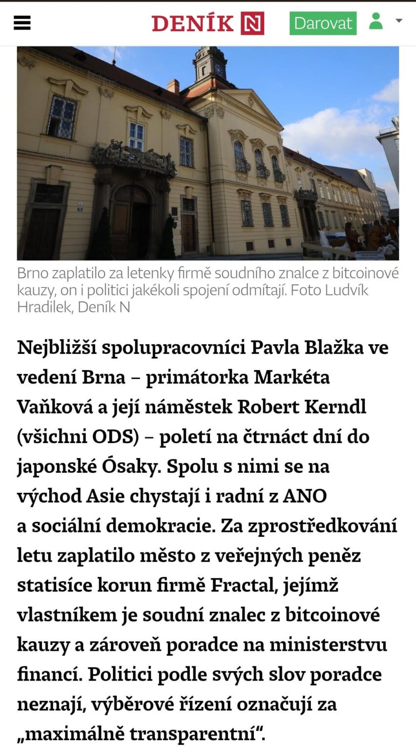 Ein Großteil der Führung von BRNO (insbesondere ODS und Ja) ist zwei Wochen lang nach Japan. Die Stadt zahlte Hunderttausende an die Firma des Bitcoin -Fall -Experten