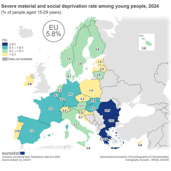 Eurostat: schwere materielle und soziale Entbehrungsrate bei jungen Menschen, 2024