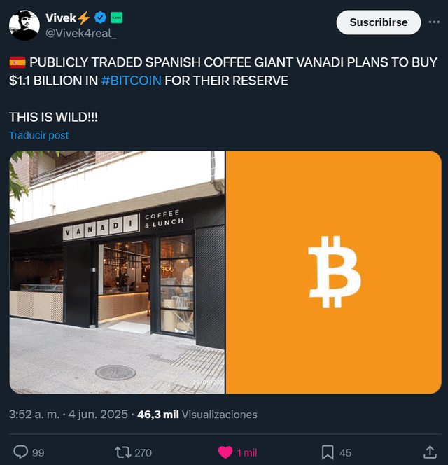 Der öffentlich gehandelte spanische Kaffeegigant Vanadi plant, Bitcoin (BTC) 1,1 Milliarden US -Dollar für ihre Reserve zu kaufen