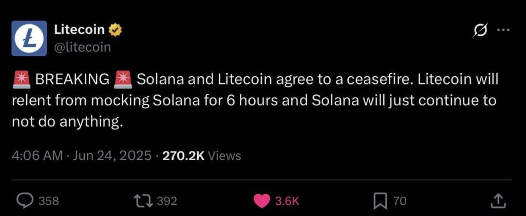 Übrigens ist dies ein offizieller Bericht über Litecoin, die Solana verspottet.